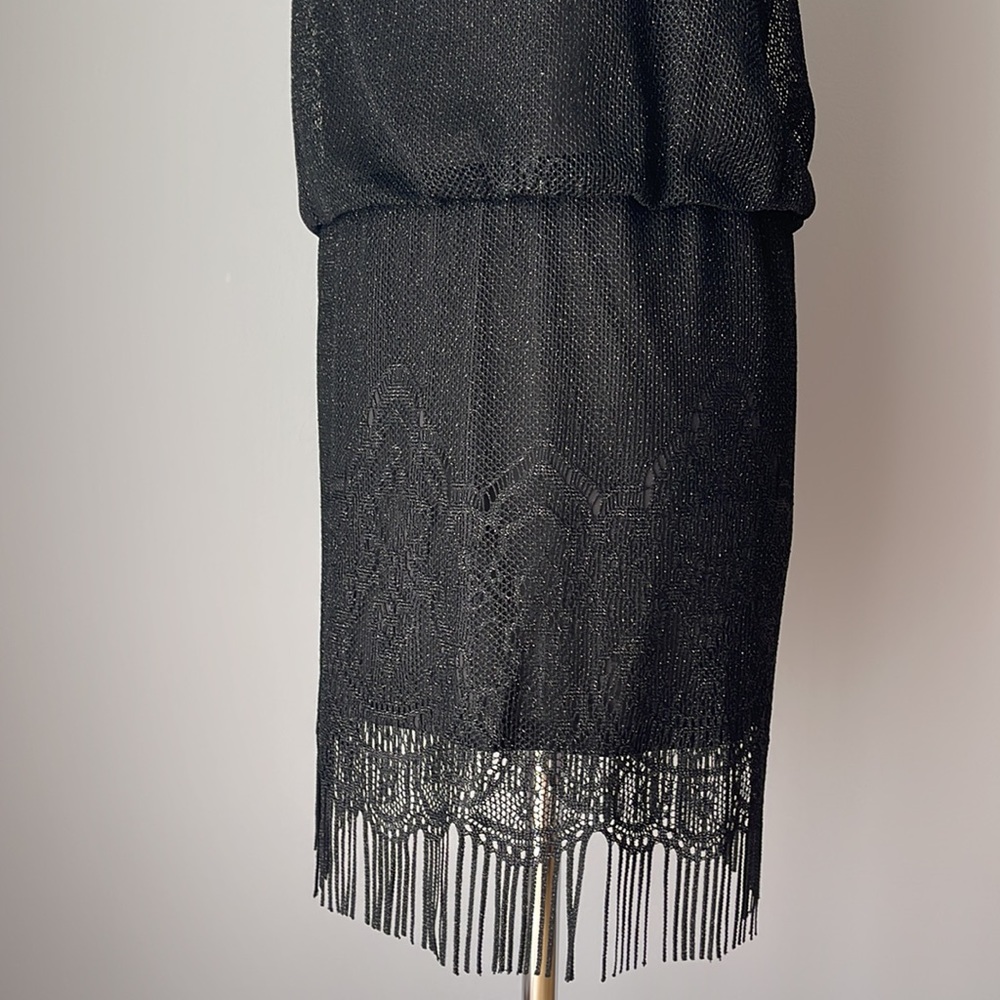 SLNY Black Blouson Halter Crochet Fringe Hem Short Dress
Size 8 - Picture 3 of 11